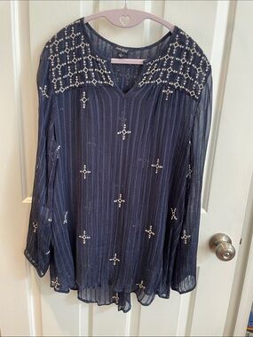 Lucky Brand Darkest Navy Sheer Embroidered Long-Sleeve Blouse Size L
